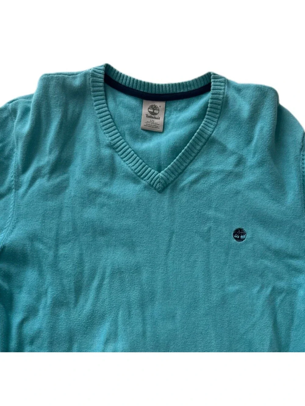 Timberland Men’s V-Neck Sweater Large Teal Green Knit Pullover Logo Casual